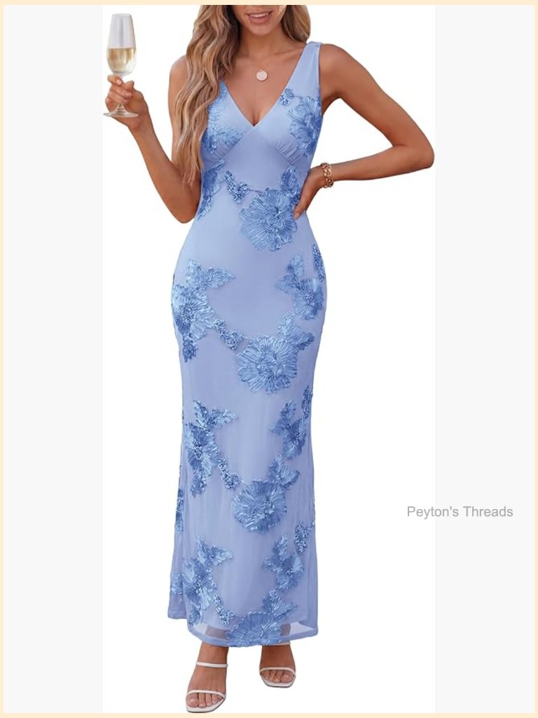 Deep V-Neck Bodycon Maxi Dress Mesh Floral Formal Wedding Guest Prom Party